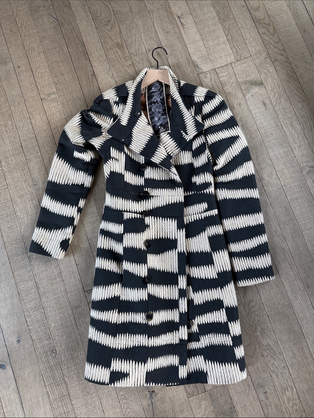 L.A.M.B. Black & Cream Double-Breasted Patterned Pea Coat by Gwen Stefani